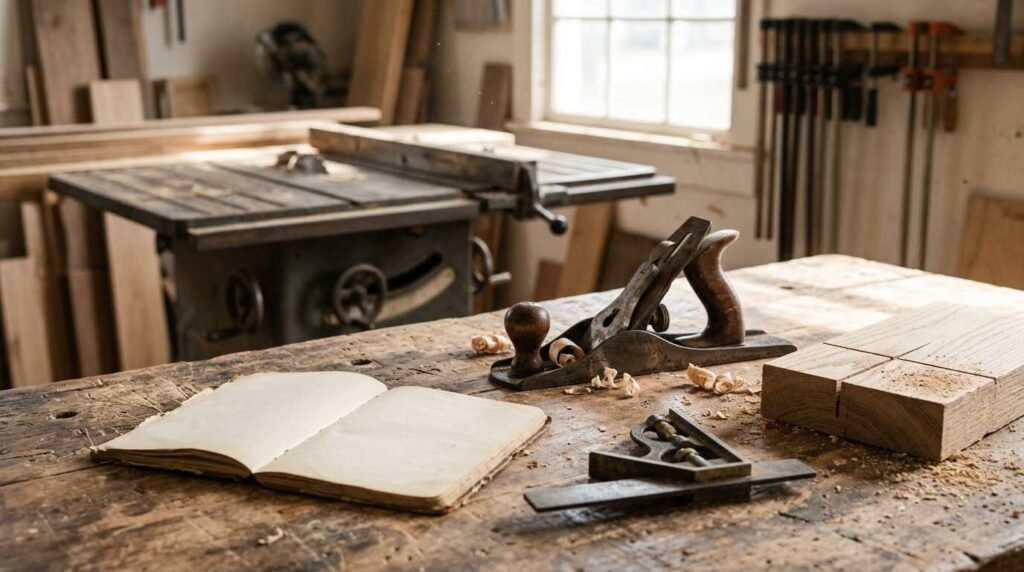 A well-worn woodworking workbench with notebook, combination square, oak block and hand plane, with a vintage cabinet saw behind