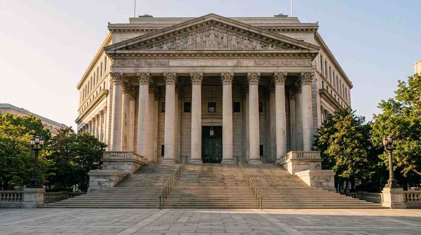 Neoclassical courthouse exterior with stone columns and wide steps