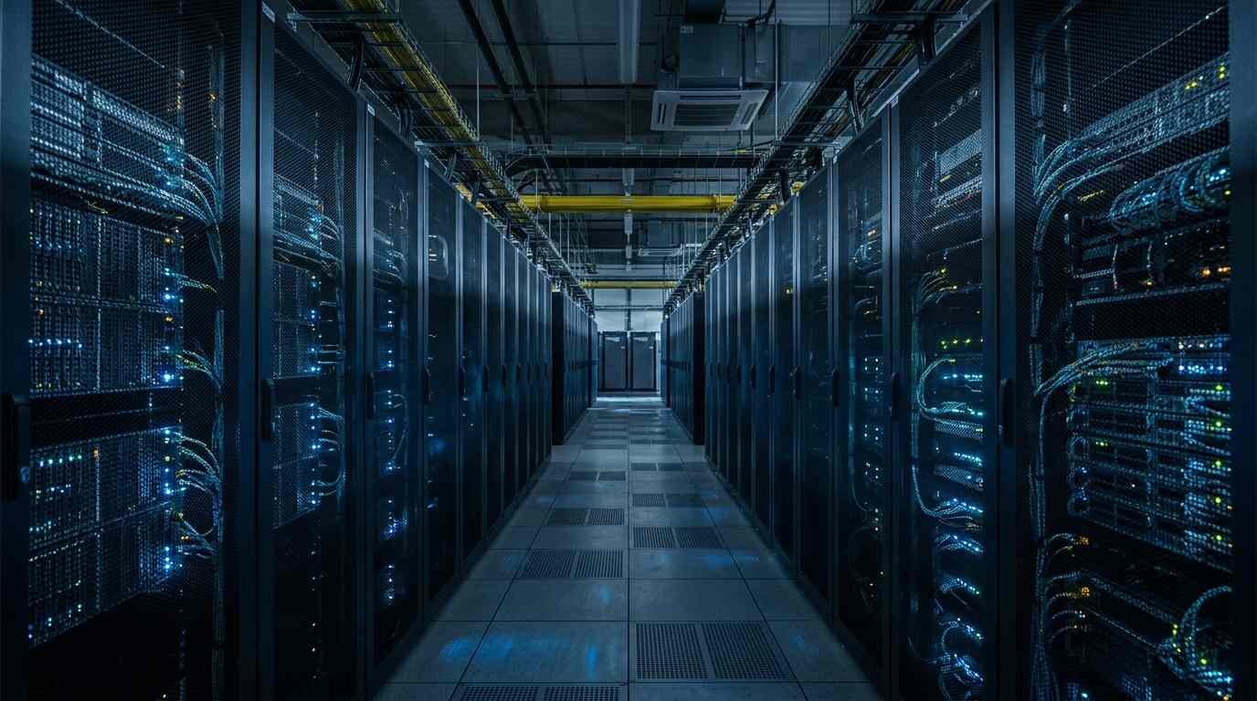 Quiet data center aisle with rows of server racks