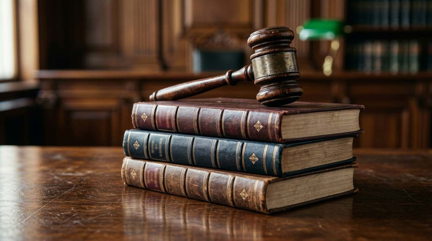 Wooden gavel resting on a stack of closed law books