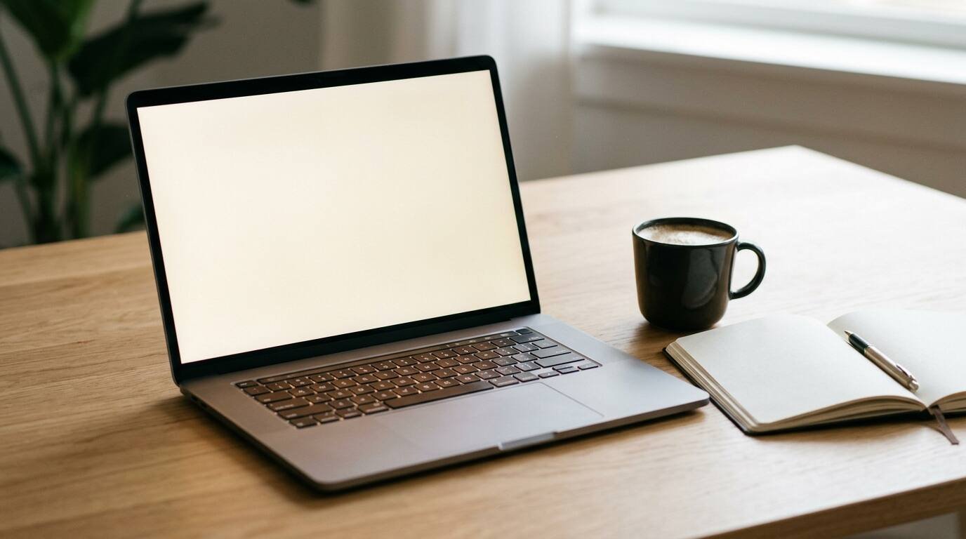 Laptop on a clean desk with a coffee cup and notepad