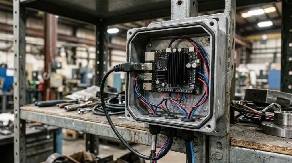 Small rugged edge-computing board in an open industrial enclosure