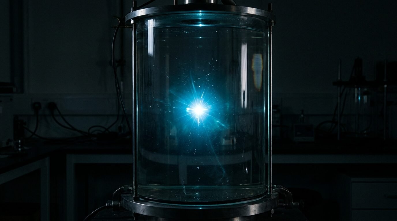 Point of blue-white light flaring inside a dark tank of liquid