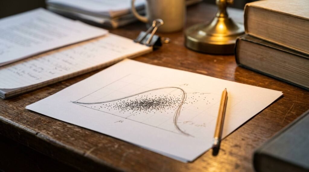 Scatter plot printout with a hand-drawn bell curve and a pencil