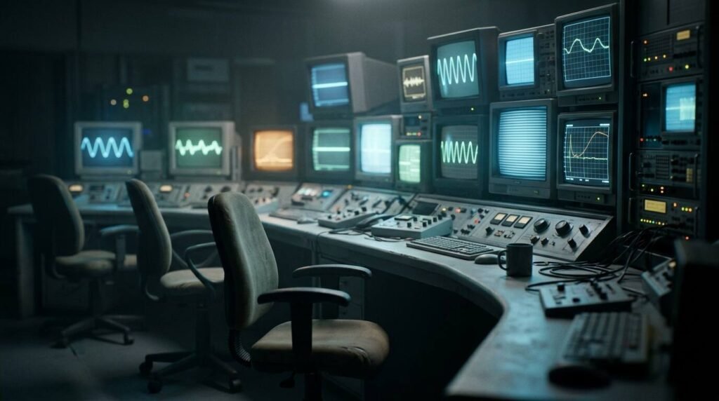 Dim laboratory control room with monitors showing waveform traces