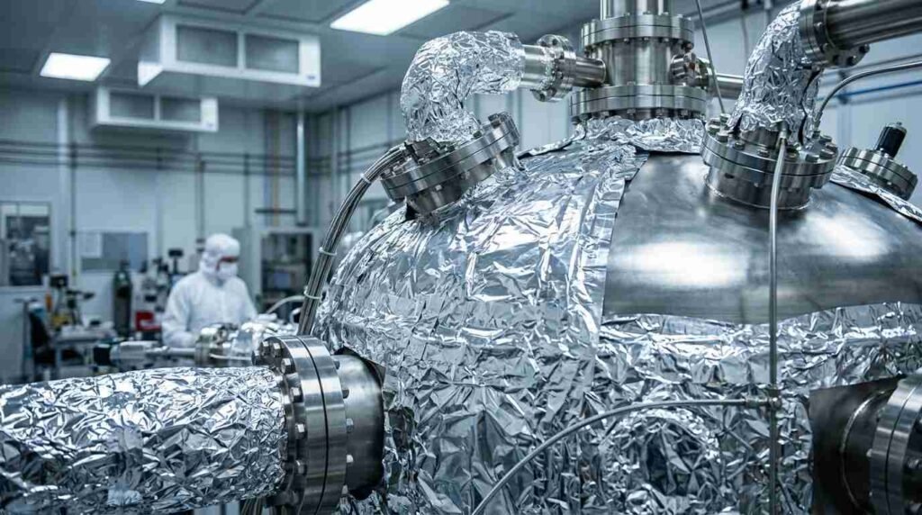 Stainless-steel cryostat dome wrapped in insulation foil