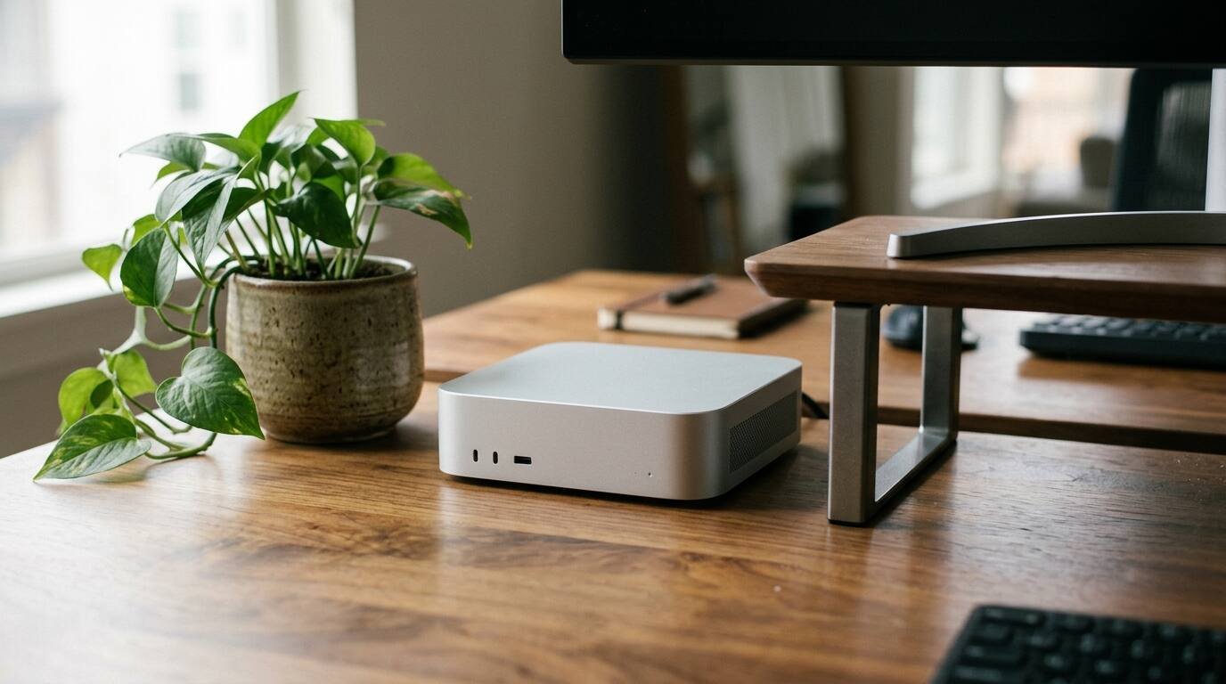 Small plain aluminum desktop computer on a wooden desk beside a plant