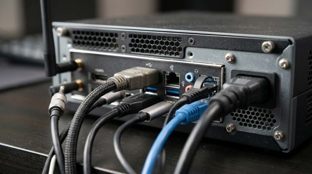 Back panel of a compact desktop computer with ports and plugged-in cables
