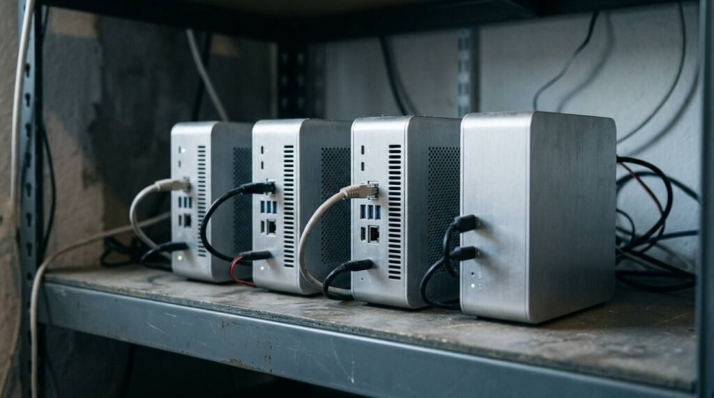 Four small desktop computers stacked on a shelf joined by short cables