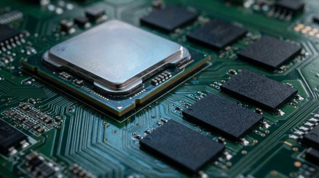 Silicon processor package beside memory chips on a green circuit board