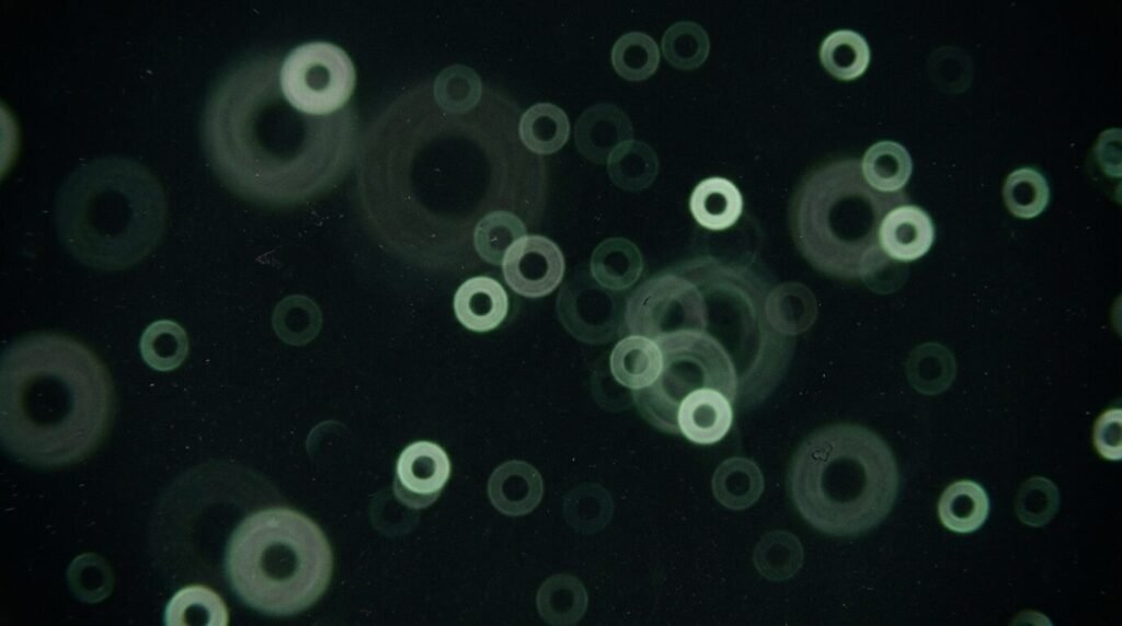 Out-of-focus starlight rendered as soft green donut-shaped rings