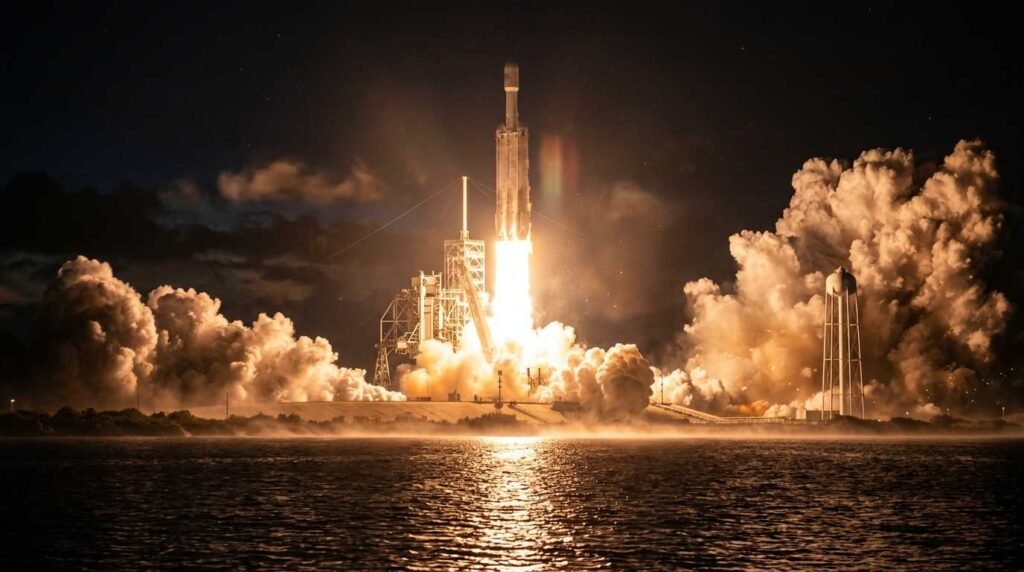 Three-core heavy-lift rocket lifting off at night