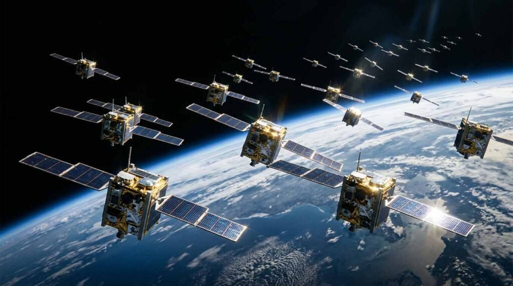 Swarm of small satellites with wide solar panels above Earth