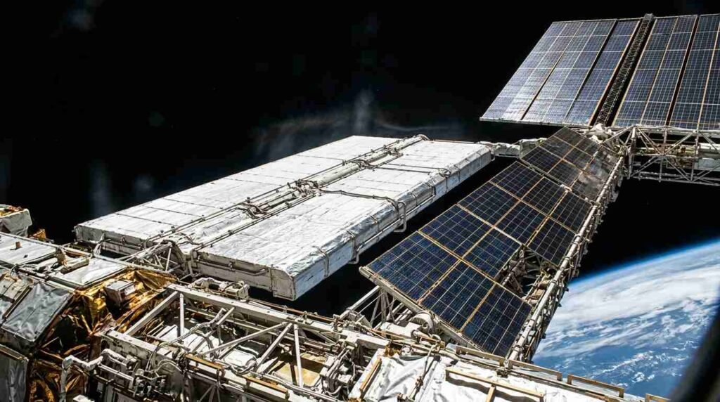 Spacecraft radiator panel and solar array in orbit