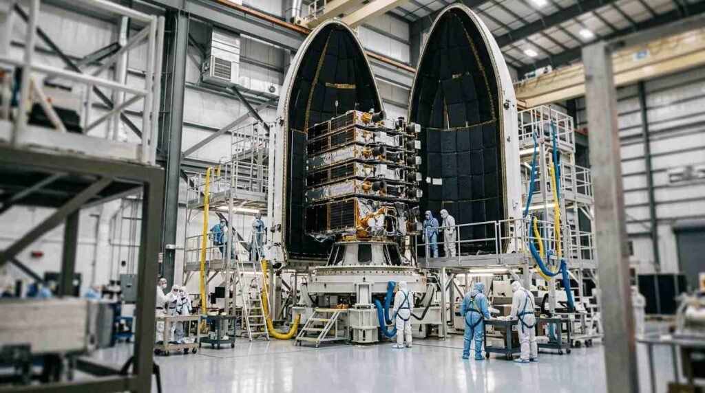 Rocket payload fairing open in a hangar showing stacked flat satellites