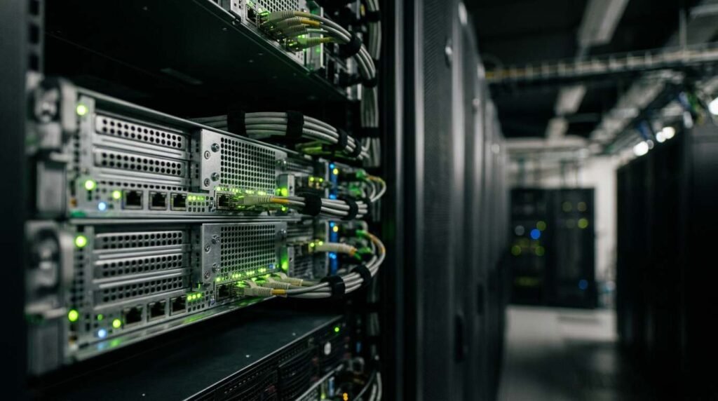 Server rack with rows of green status lights
