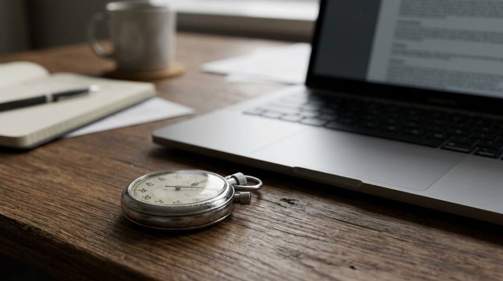 Stopwatch resting beside an open laptop
