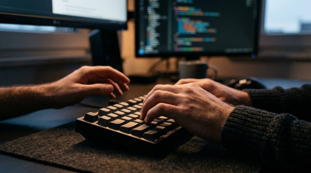 Developer hands on a keyboard with a second monitor of blurred code