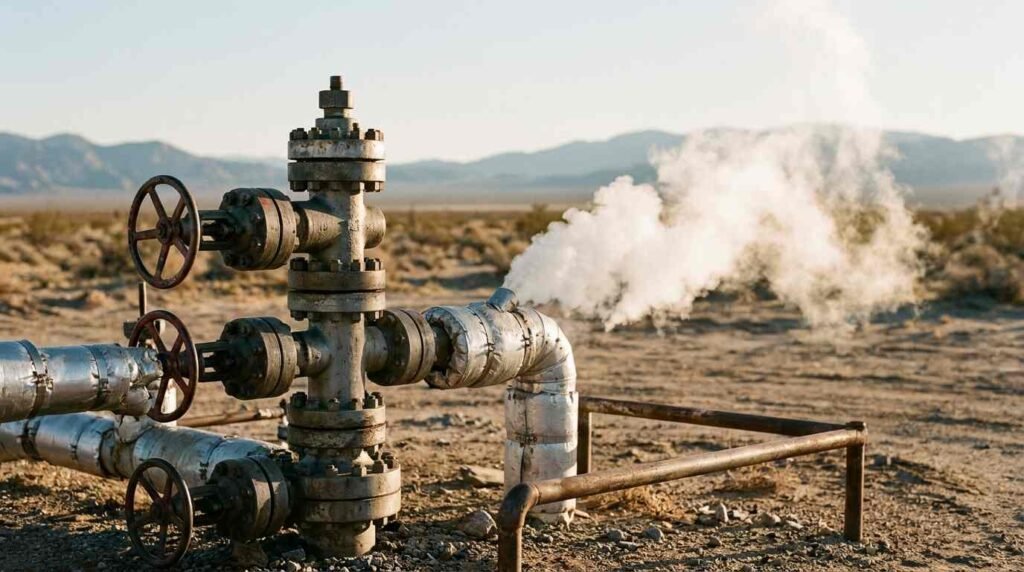Steel wellhead valves and pipes venting steam in the desert