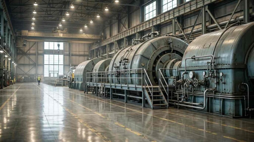 Power plant turbine hall with a steam turbine and generator