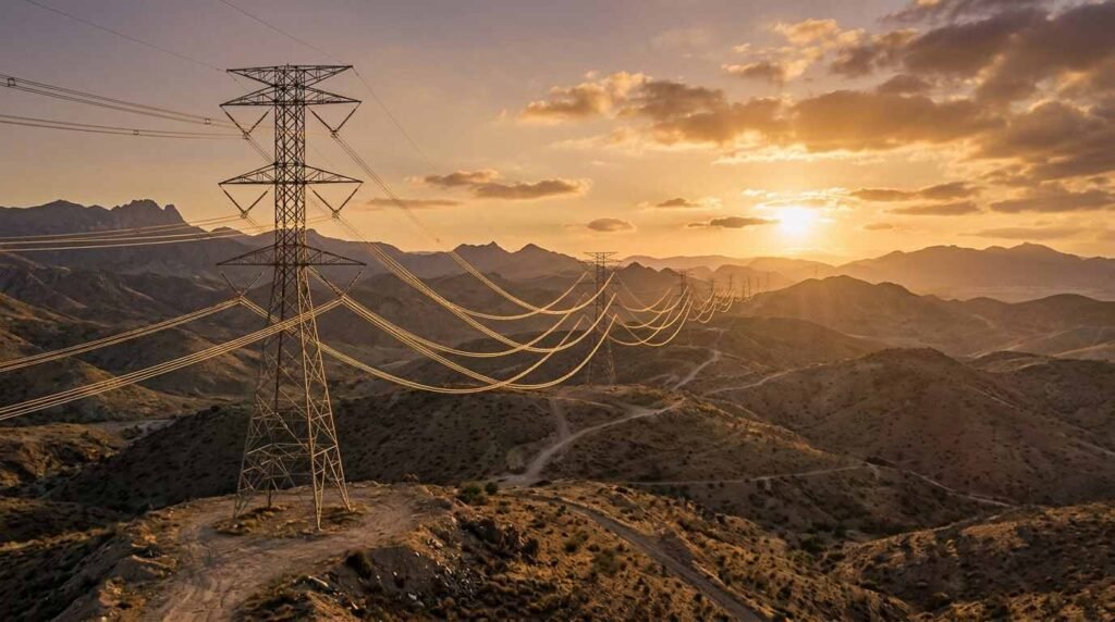 High-voltage transmission towers crossing arid hills at sunset