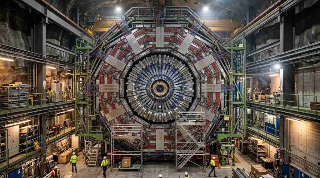 Huge cylindrical particle detector seen end-on in an underground cavern