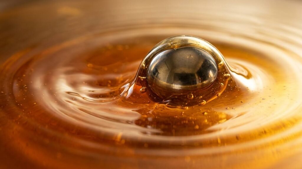 Steel sphere sinking into thick honey with concentric ripples