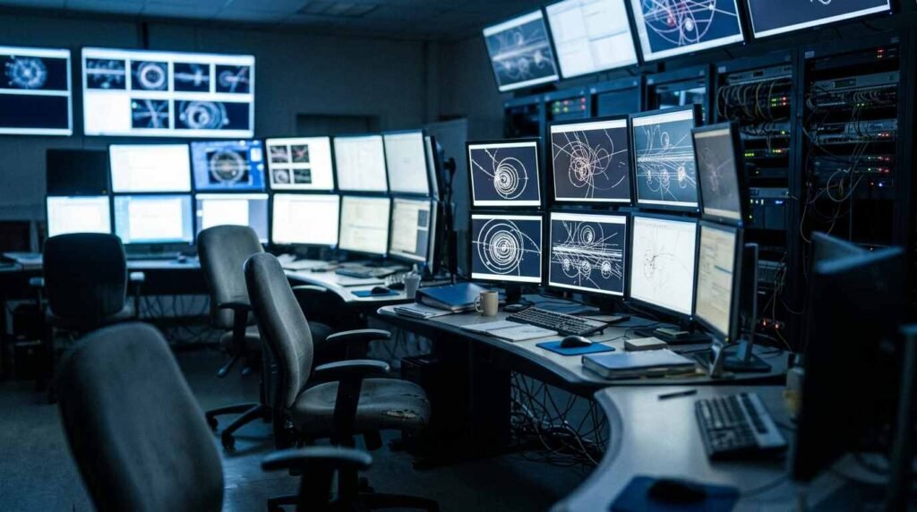 Physics control room with monitors showing particle track images