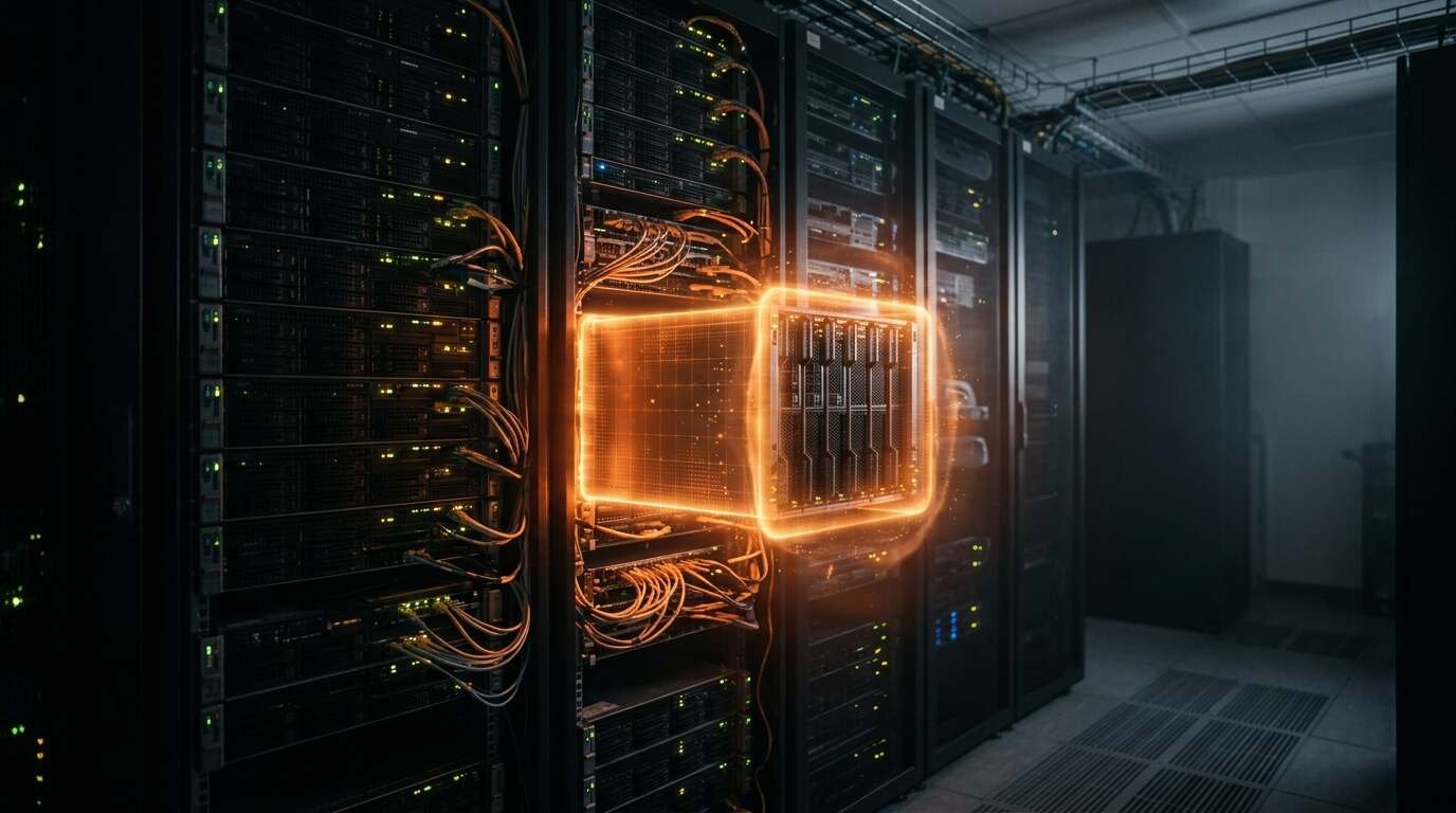 Server rack with a glowing containment boundary around one machine