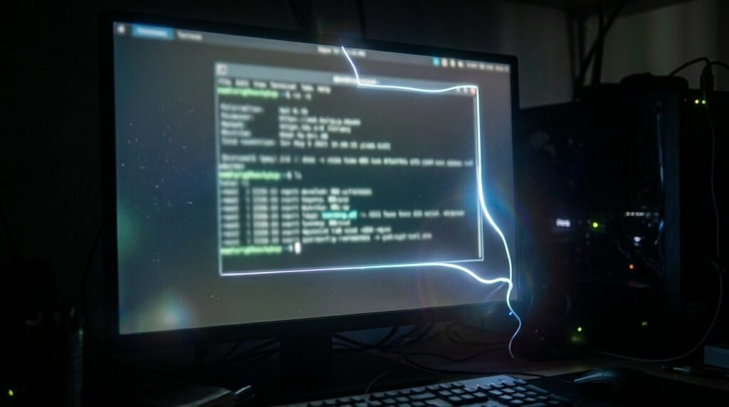 Monitor with terminal output and a line leaking out of a boxed region