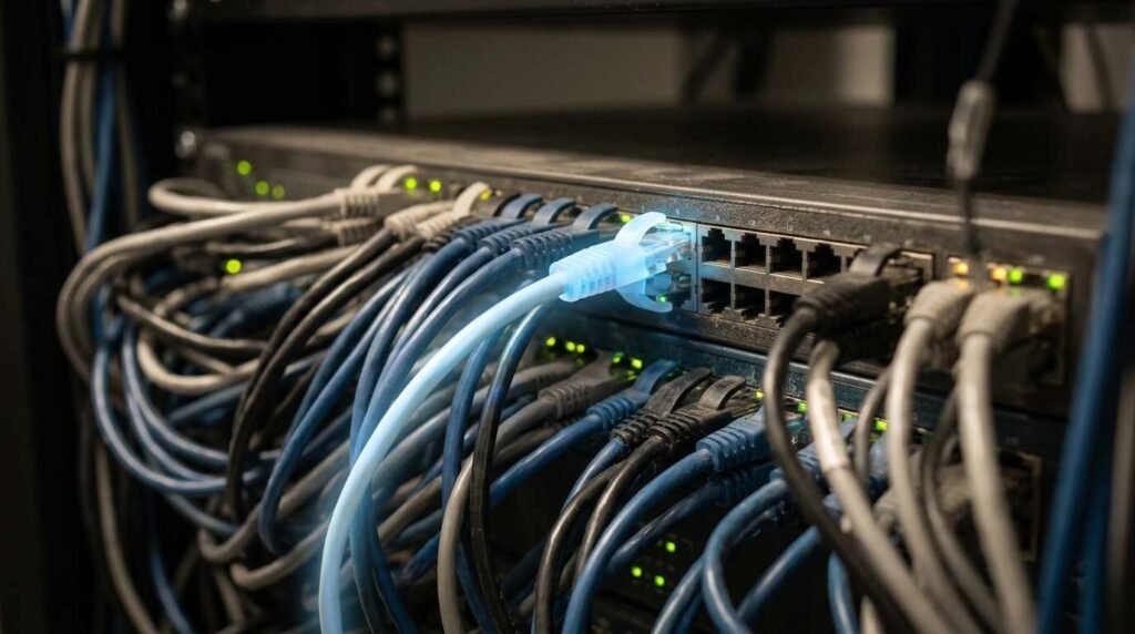 Network switch with one highlighted cable