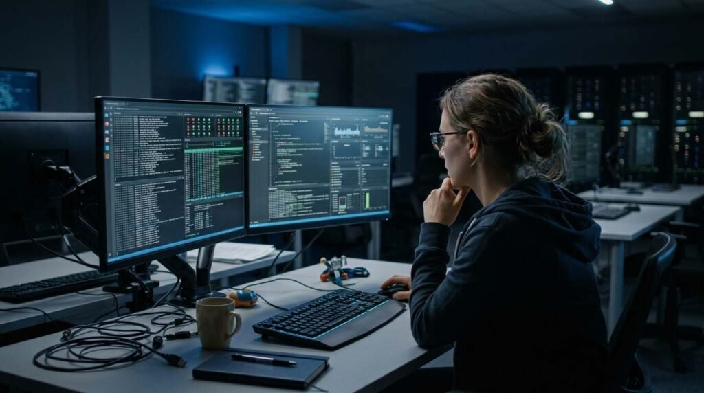 Security engineer reviewing logs on two monitors