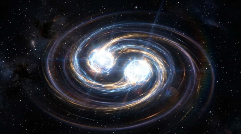 Two dense glowing spheres spiraling toward each other in space