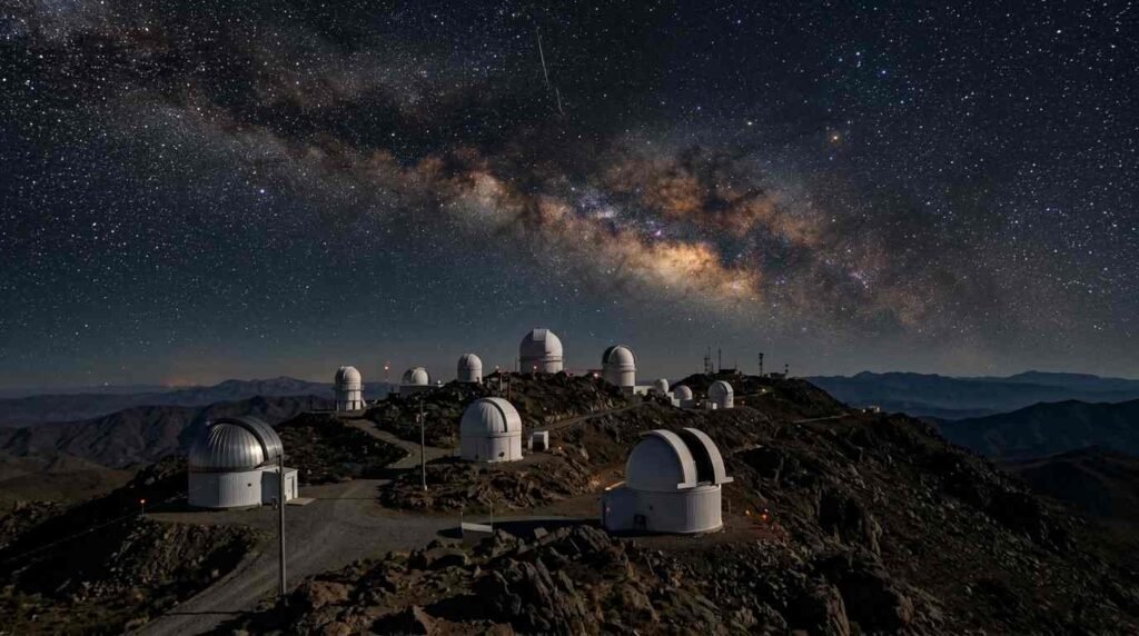 Observatory domes on a mountaintop under a starry sky