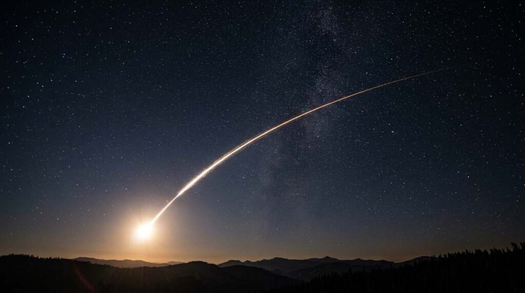 Bright flash fading into a long thin trail across the night sky