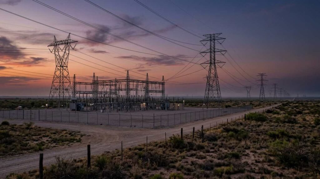 Transmission towers and a substation on the Texas plains