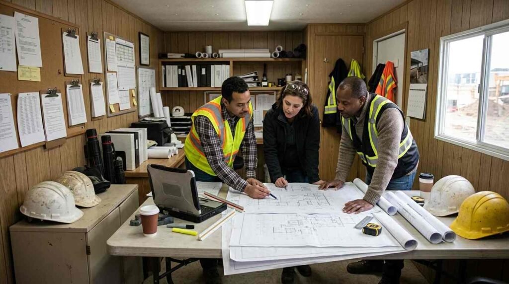 Engineers reviewing permit blueprints in a site trailer