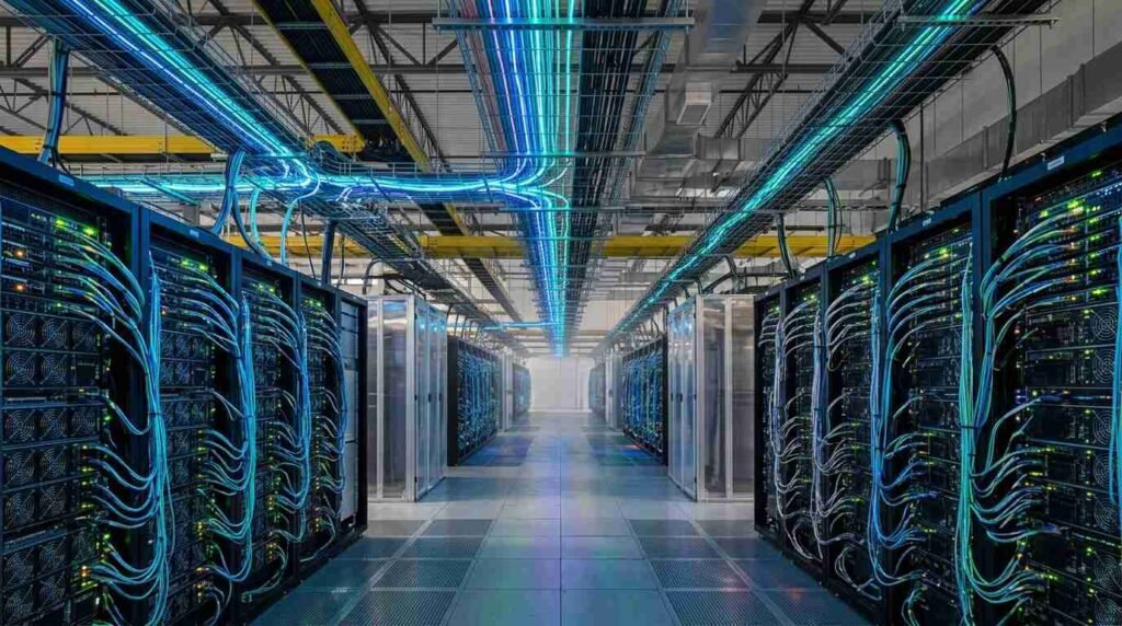 Hyperscale data hall with rows of GPU servers