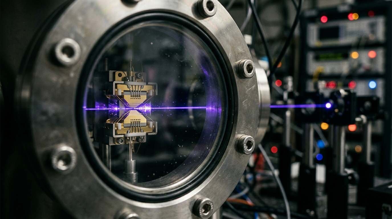 Ion-trap electrode assembly in a vacuum chamber lit by a violet laser
