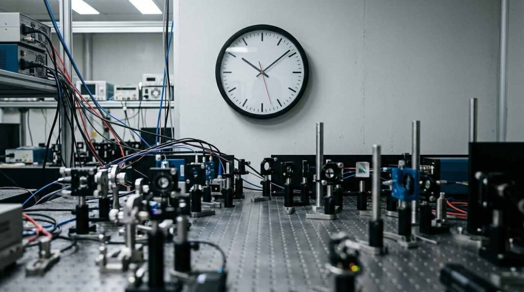 Analog wall clock above an optical table in a metrology lab