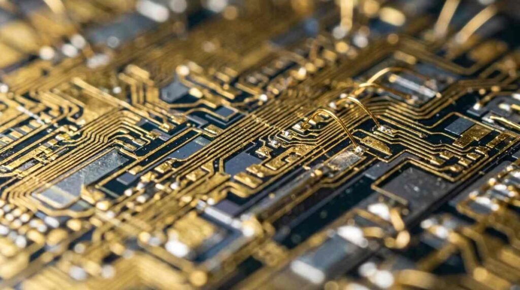 Gold-plated microchip with fine electrode traces under magnification
