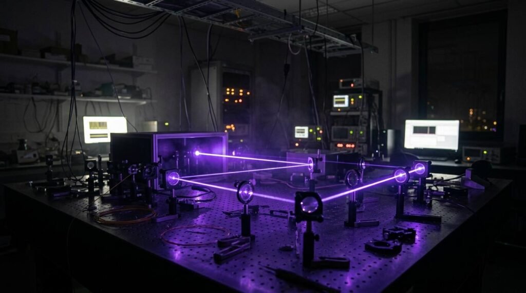 Darkened laser lab with a violet beam bouncing between mirrors
