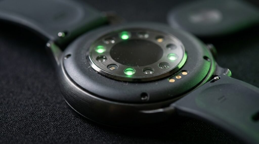 Underside of a smartwatch with sensor windows and green light