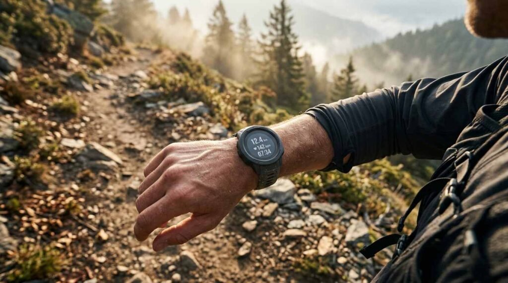 Trail runner glancing at a watch on the wrist