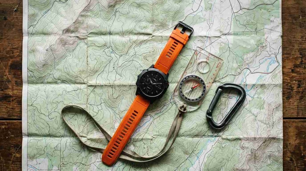 Sport watch resting on a map beside a compass