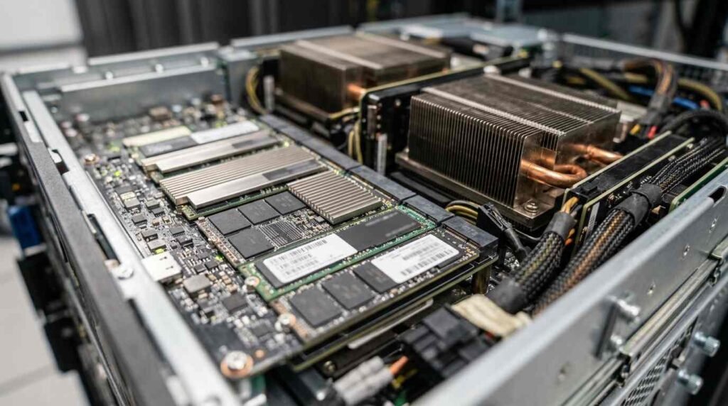 NVMe flash drives and a GPU server tray with heat sinks