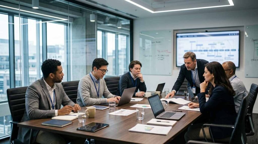 Engineers in a meeting room around a table