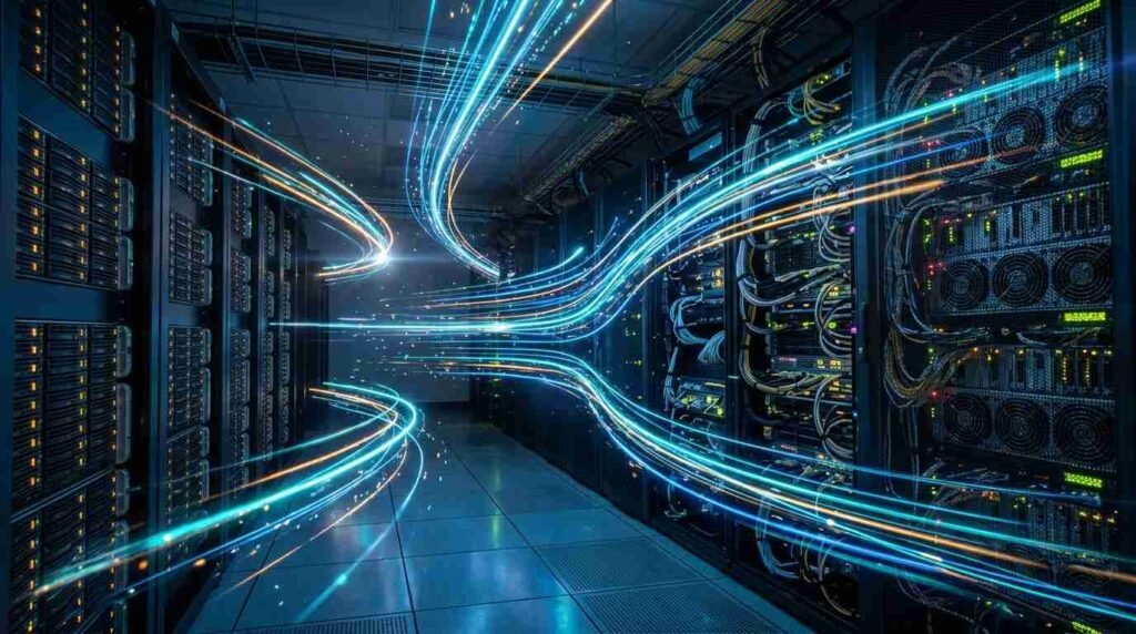 Data streaks flowing between a storage cabinet and a GPU cluster