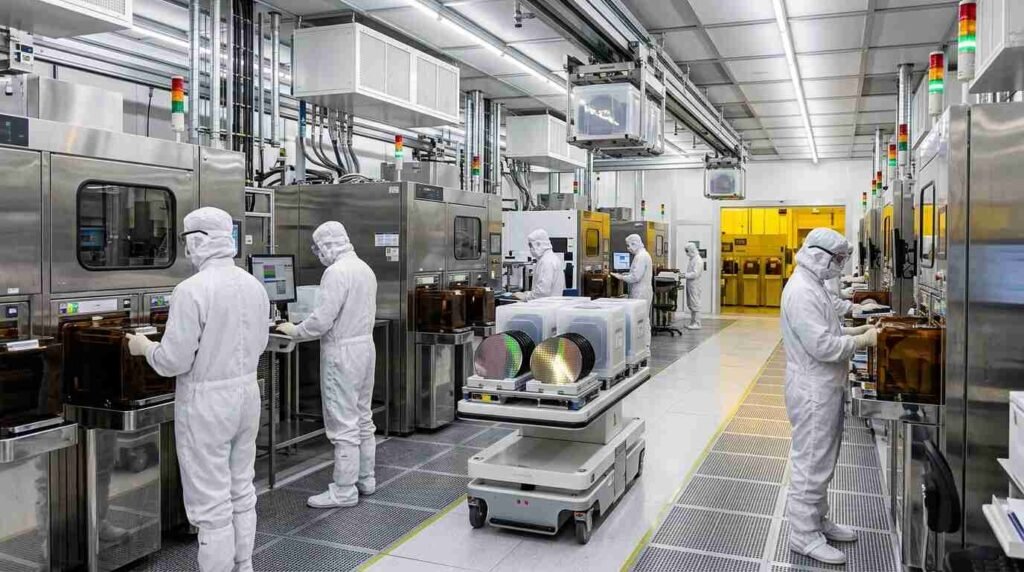 Semiconductor cleanroom with wafers on a robotic carrier