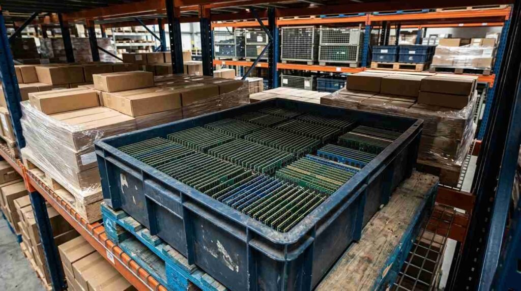 Rows of DRAM memory modules in a warehouse bin